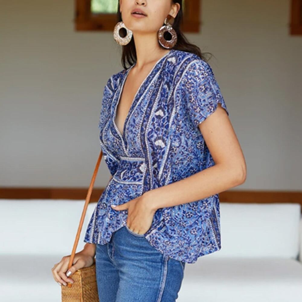 Emerson Fry India Collection Francina Top in Sea Lurex Cotton